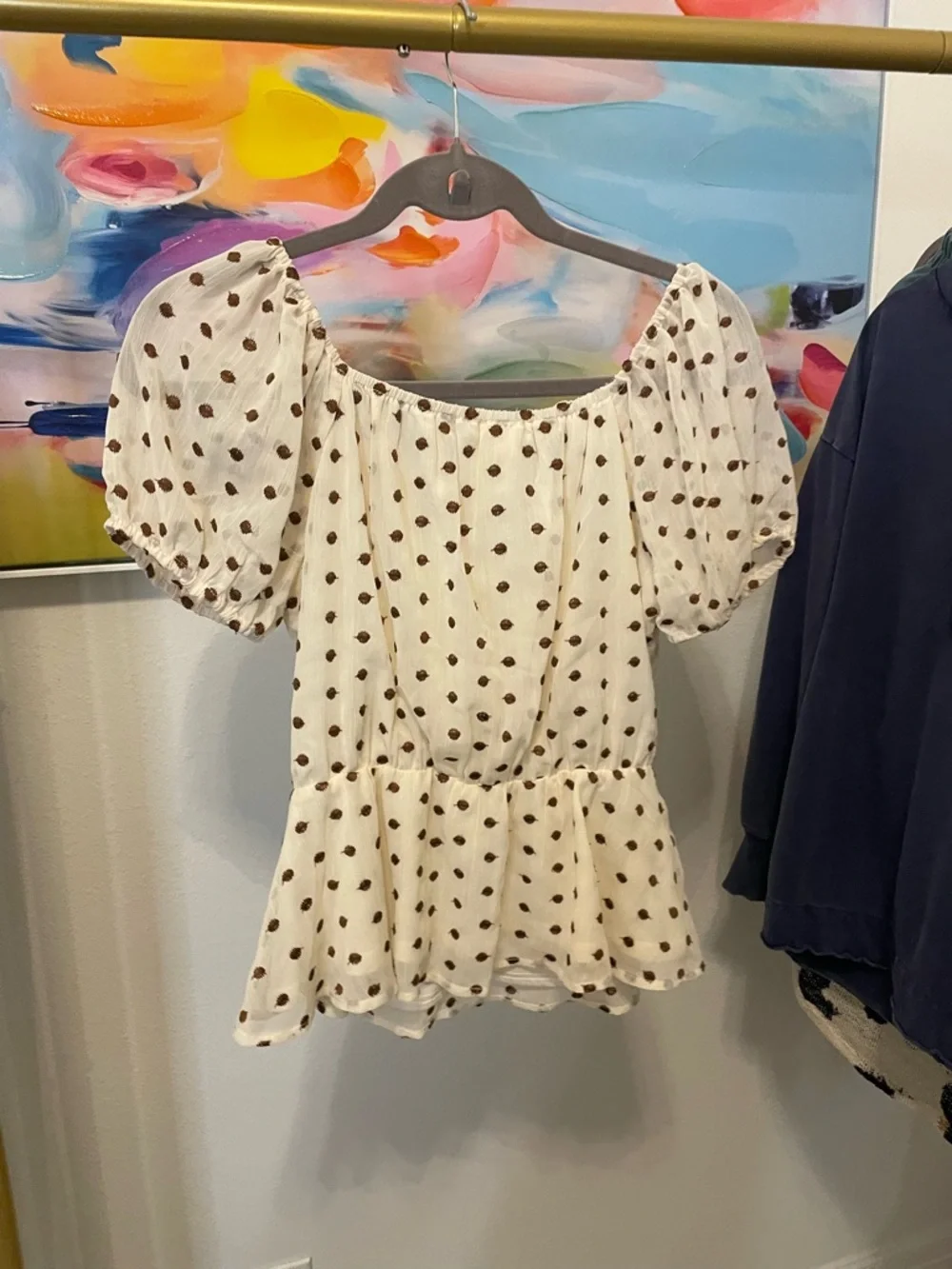 Blu Pepper White Peplum Top with Brown Polka Dots medium - Picture 3 of 5